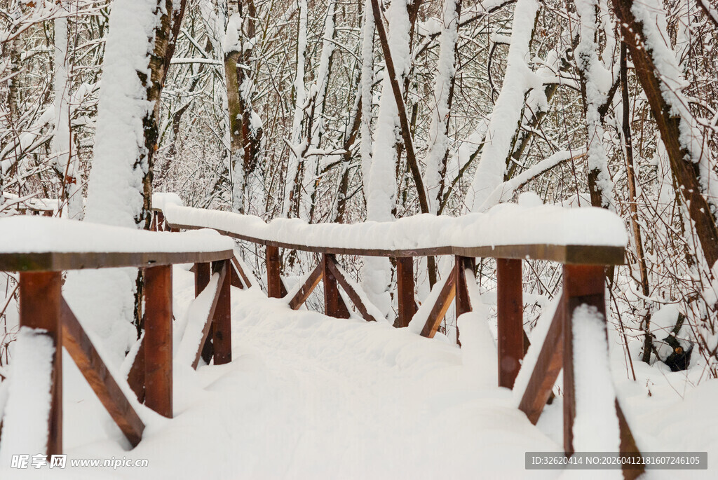 雪覆木桥的冬日静谧景致