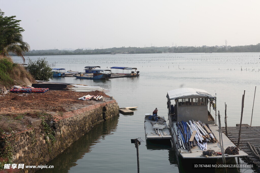 湛江宁静港湾中的停泊船只