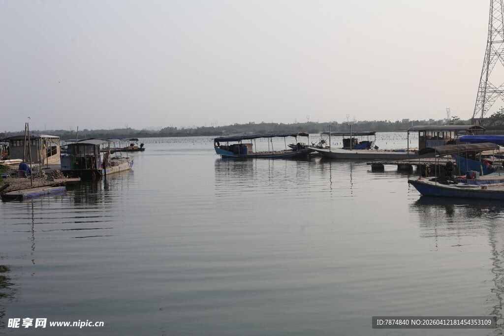 湛江宁静港湾中的停泊船只