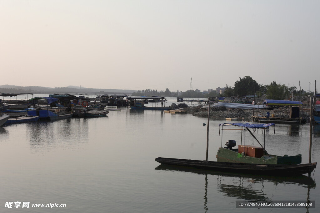 湛江宁静港湾中的小船景象