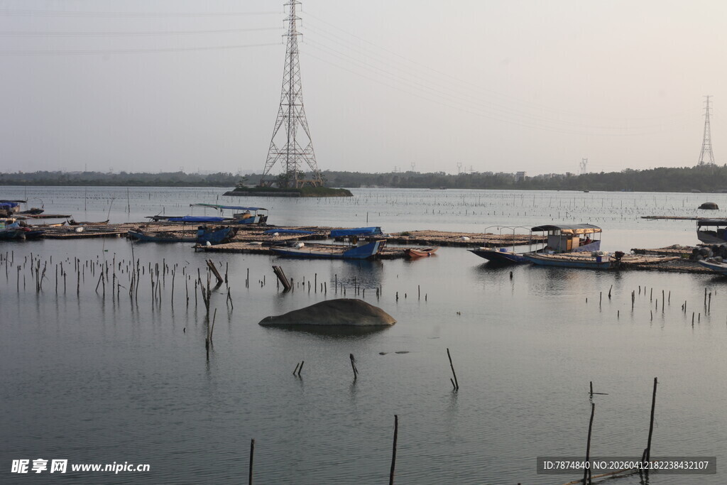 湛江宁静湖畔停泊的船只