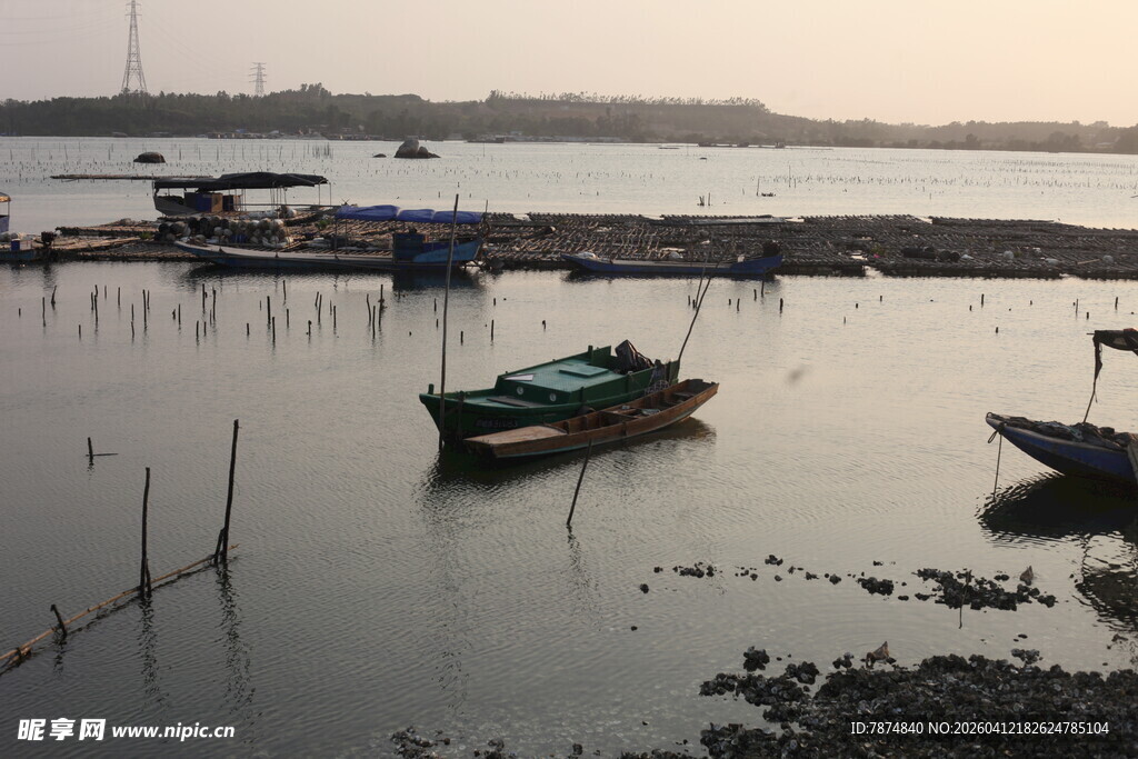 湛江宁静水边停泊的几艘小船