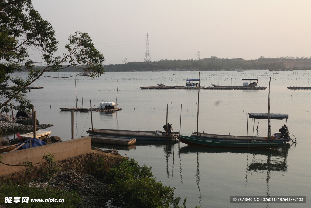 湛江宁静湖畔停泊的船只景象