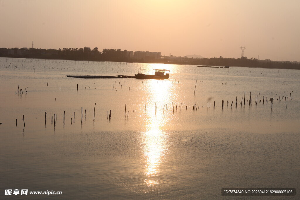 湛江夕阳下的水上养殖场景