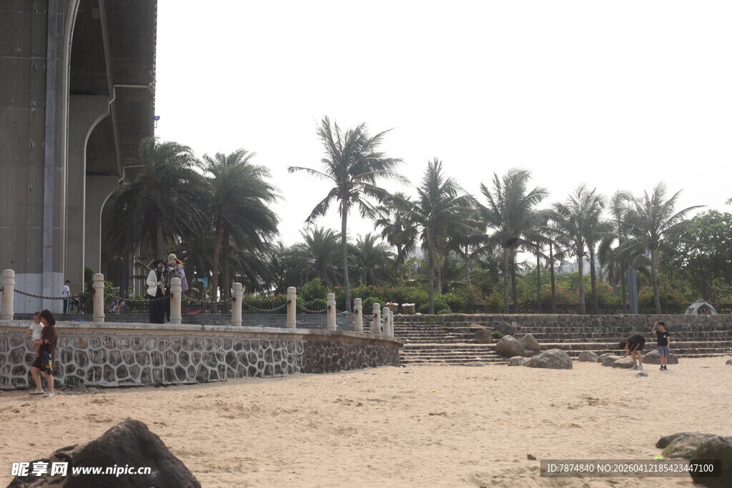 湛江沙滩旁的建筑与棕榈树