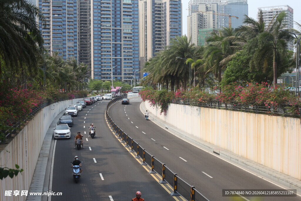 湛江城市道路上的车辆与高楼
