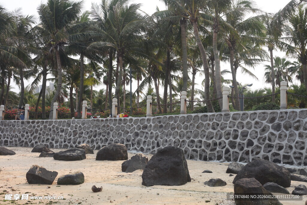 湛江海滩上的石墙与椰子树