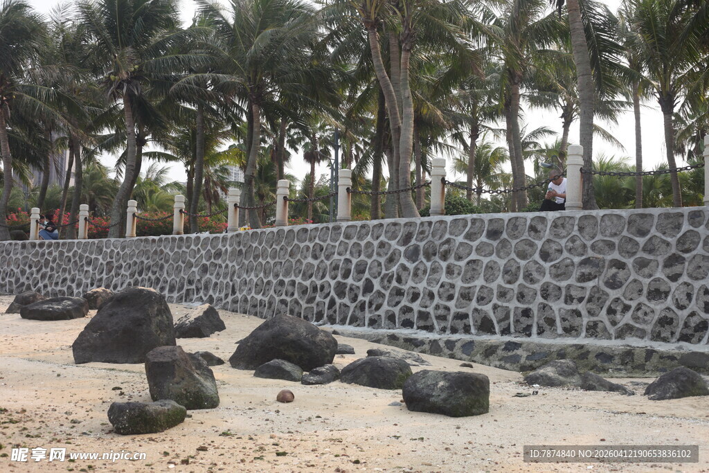 湛江沙滩上的石墙与棕榈树