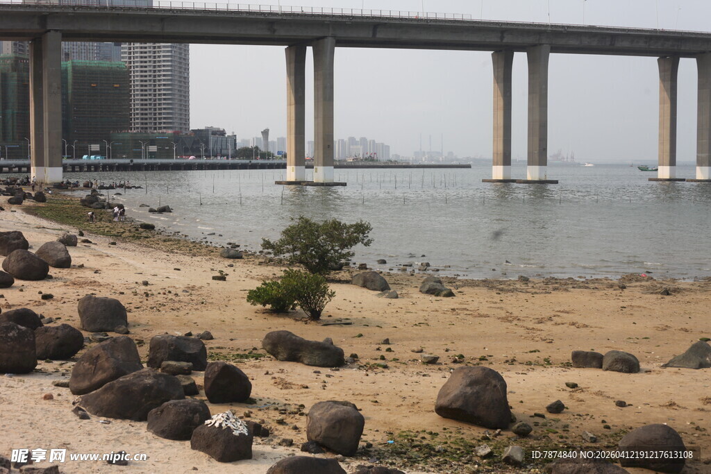 湛江海边桥梁下的沙石景观