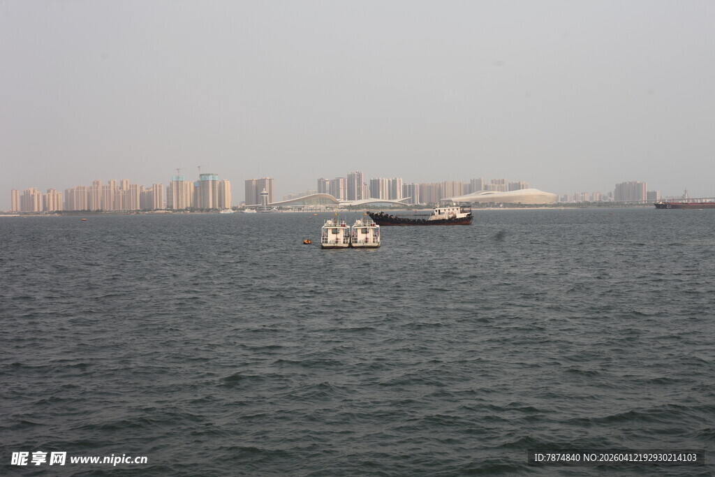 湛江海上船只与远处城市景观