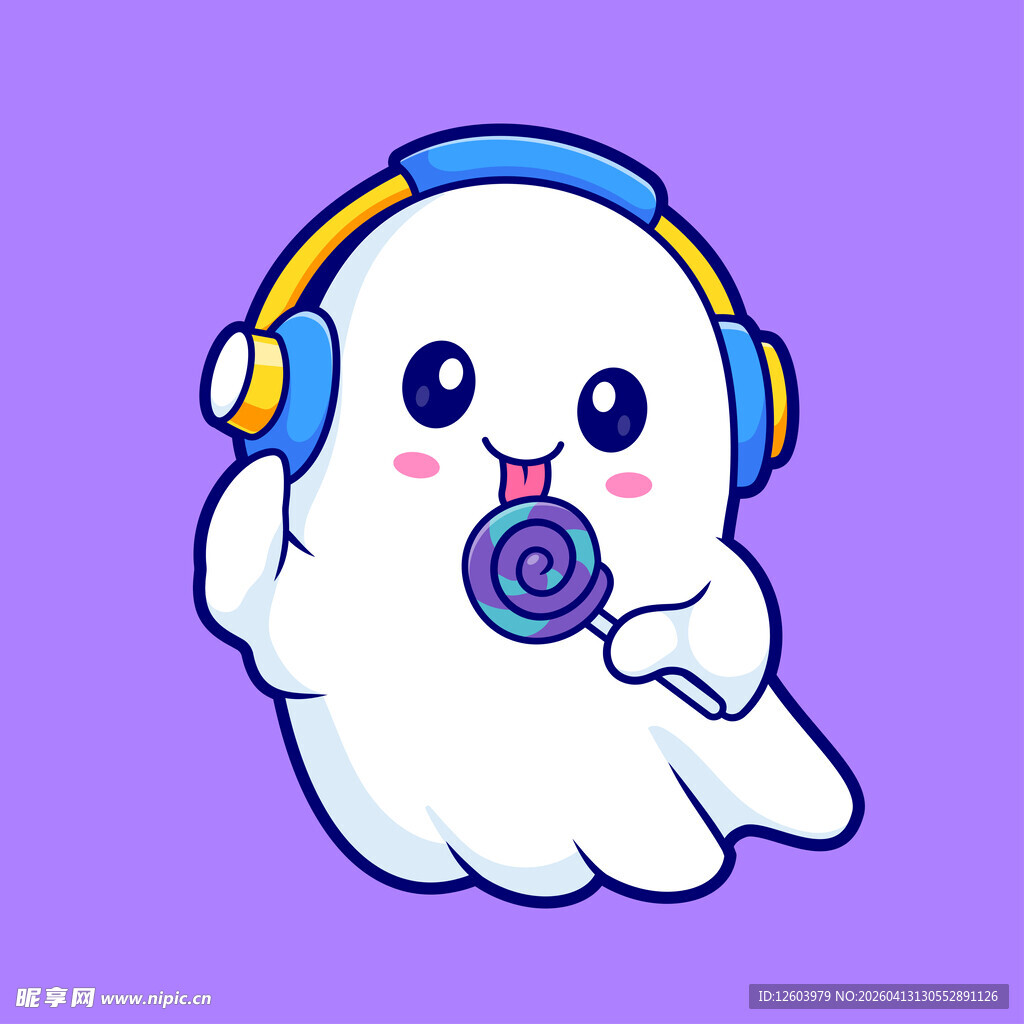 戴耳机吃棒棒糖的可爱幽灵