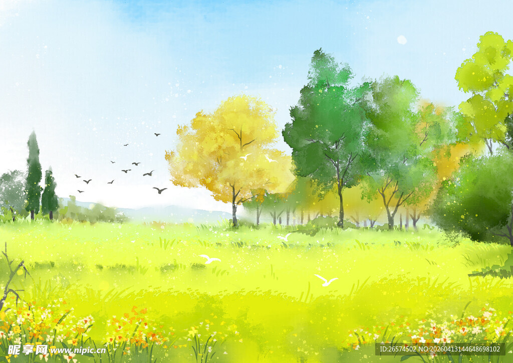 春日水彩绿野风光