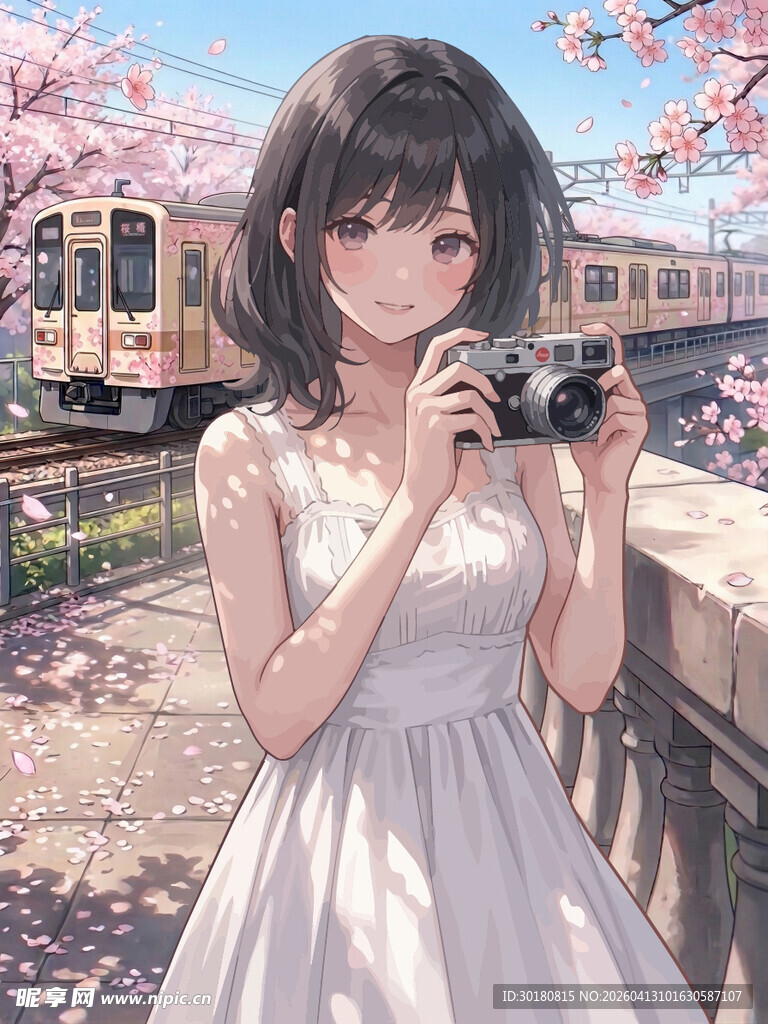 白衣少女樱花下举机拍照