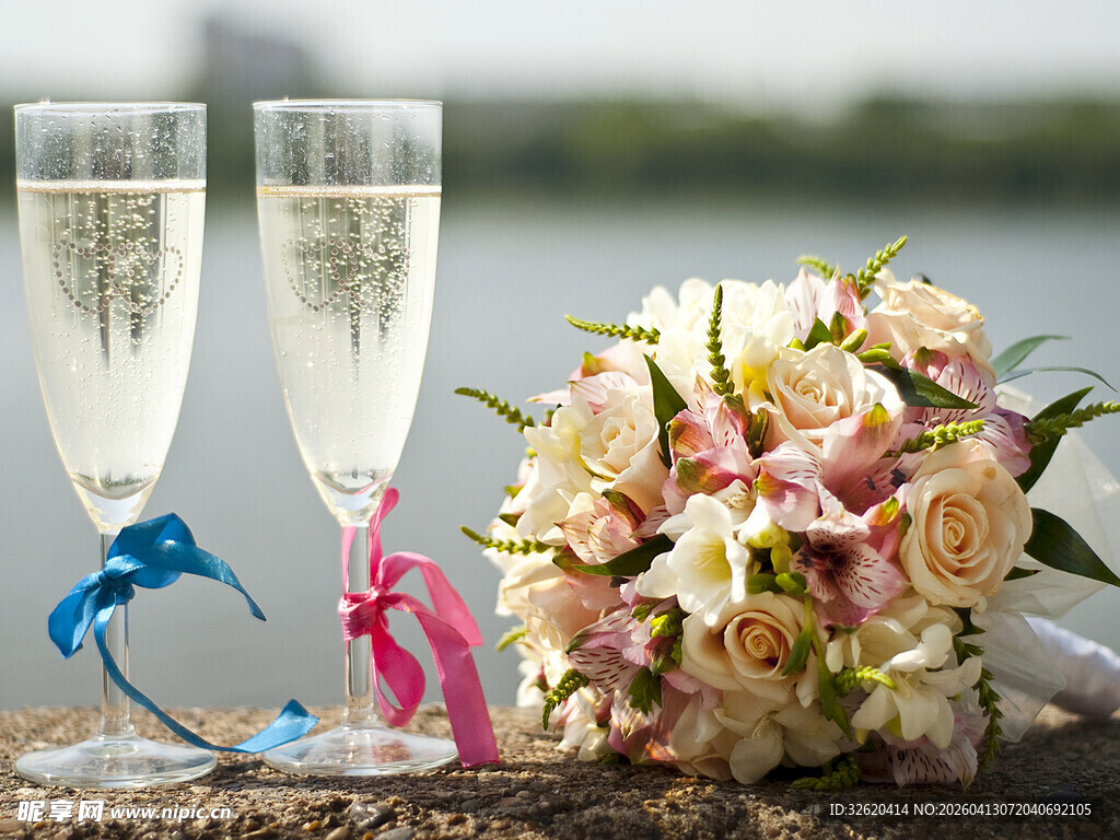 浪漫婚礼香槟与鲜花组合