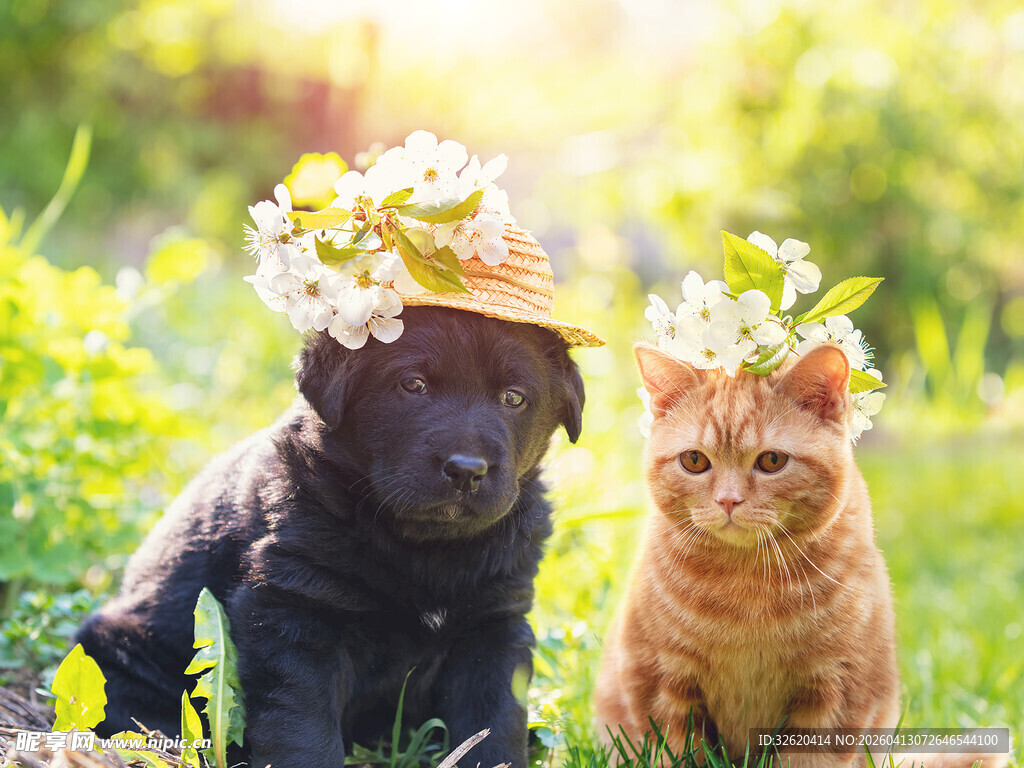 戴花环的猫狗惬意相伴