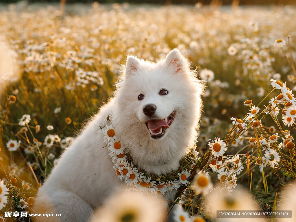 花丛中的萨摩耶犬