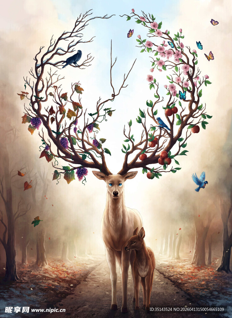 梦幻鹿与繁花树枝景象