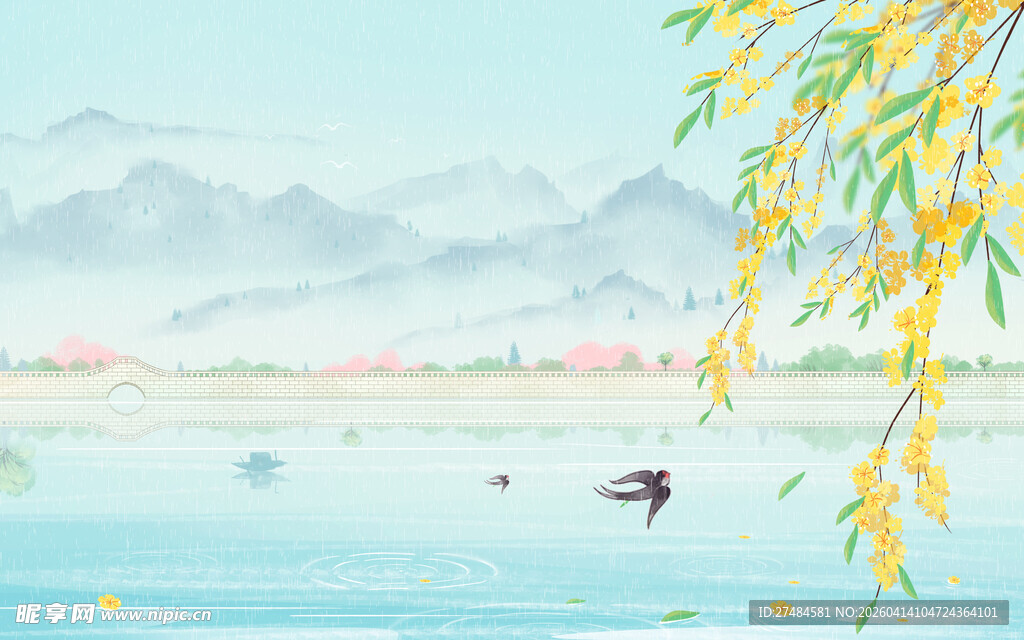 春日湖畔垂柳泛舟图