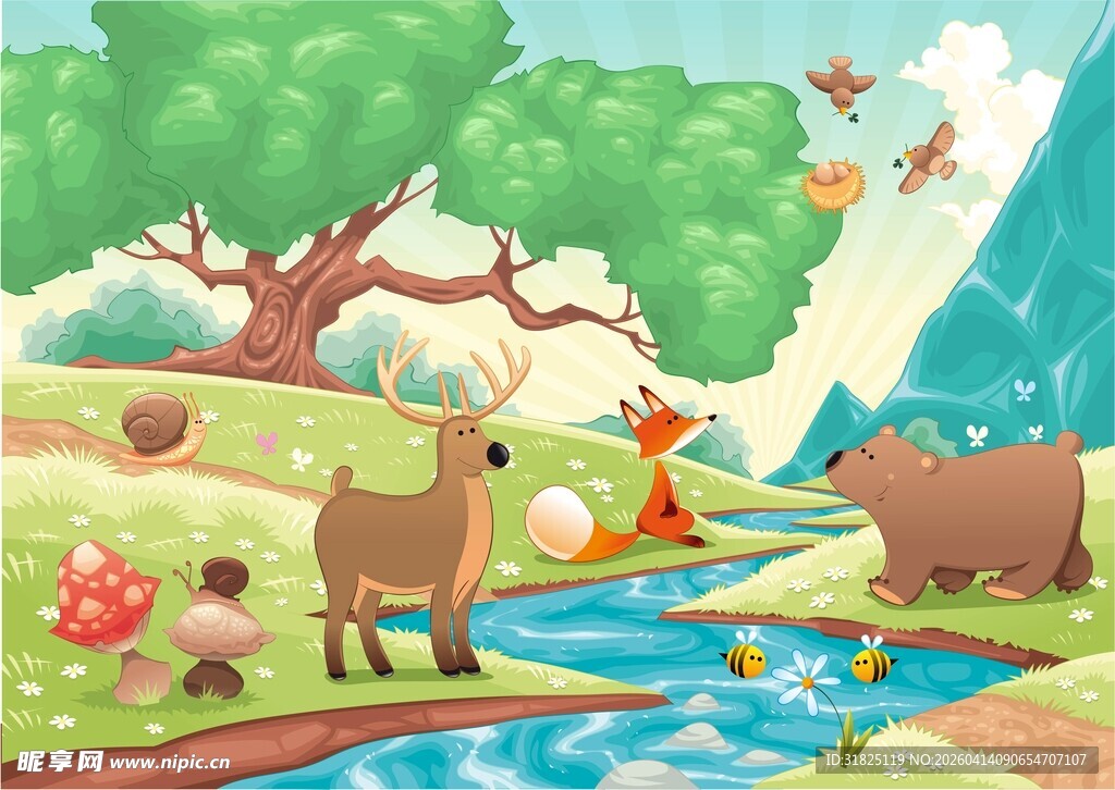 森林动物欢乐溪边场景
