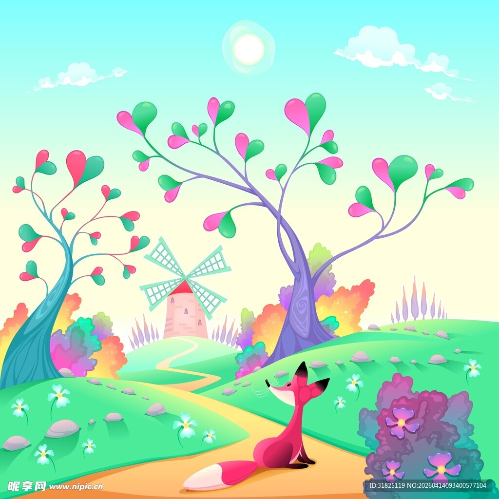 狐狸漫步于梦幻爱心花田