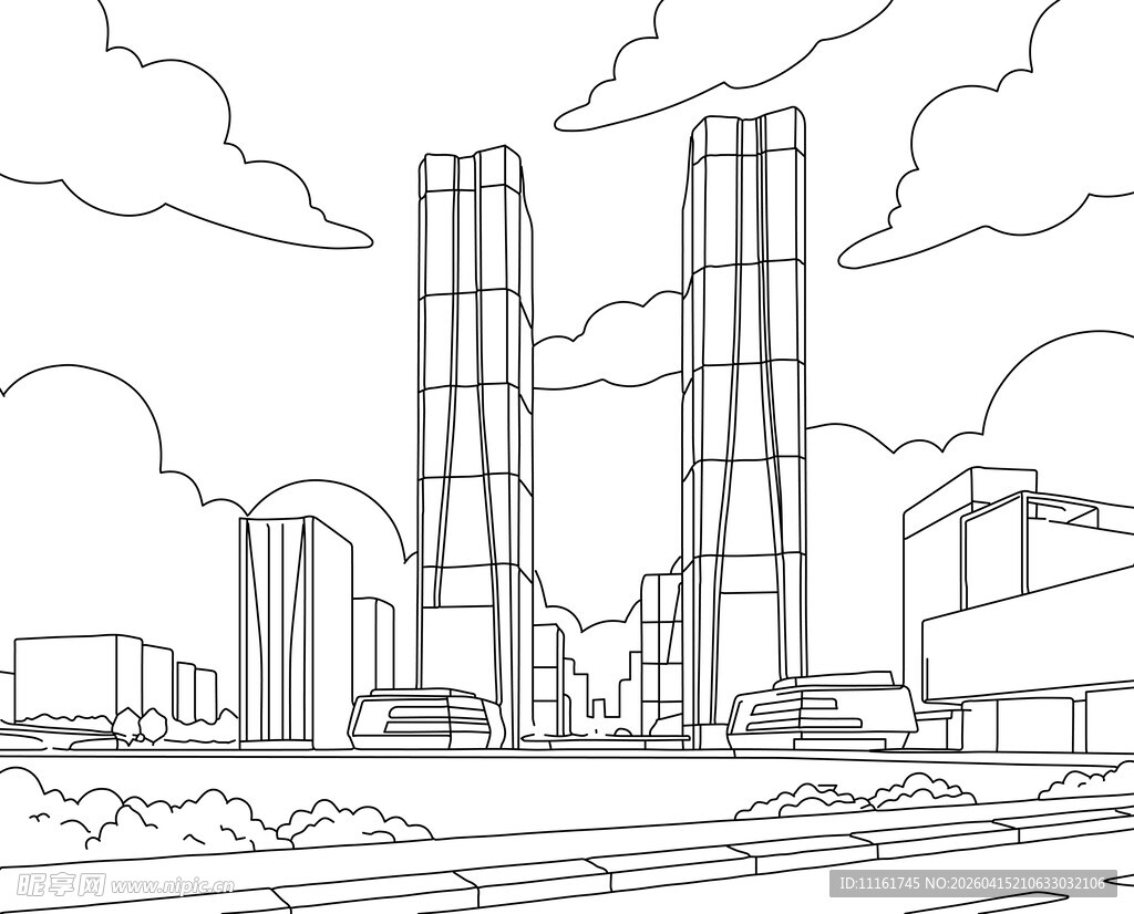 上海张江双子塔建筑线稿