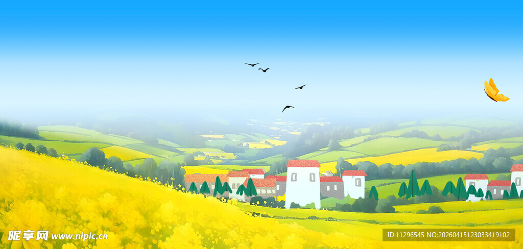 金色田野旁的乡村美景