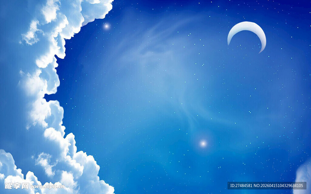蓝天之上的新月与白云