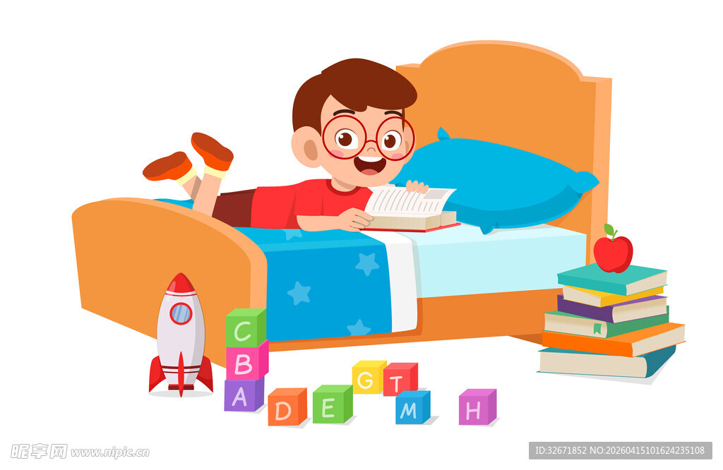 男孩床上阅读