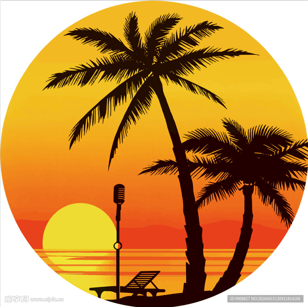 夕阳下的棕榈树与躺椅