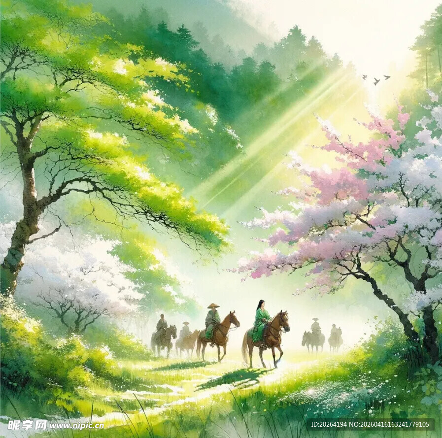 春日林间骑马漫步风景图
