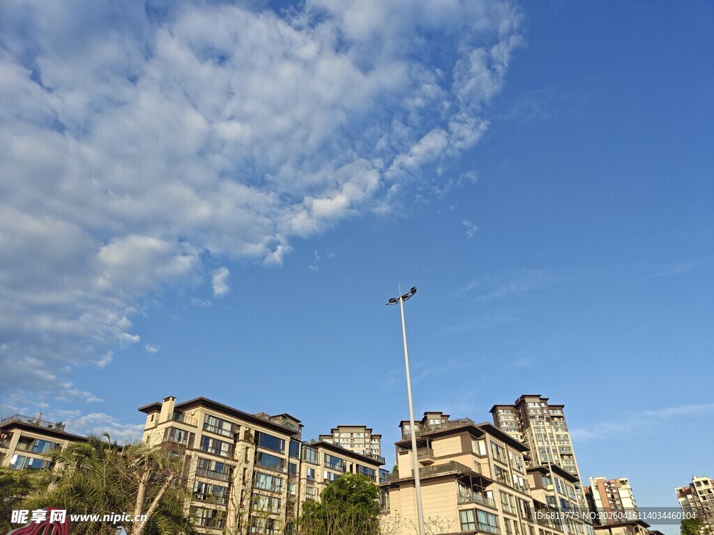 蓝天映衬下的城市建筑群