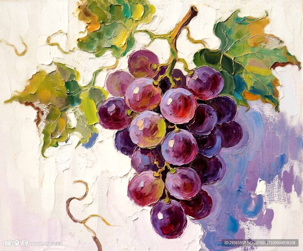 油画绘紫葡萄枝叶图