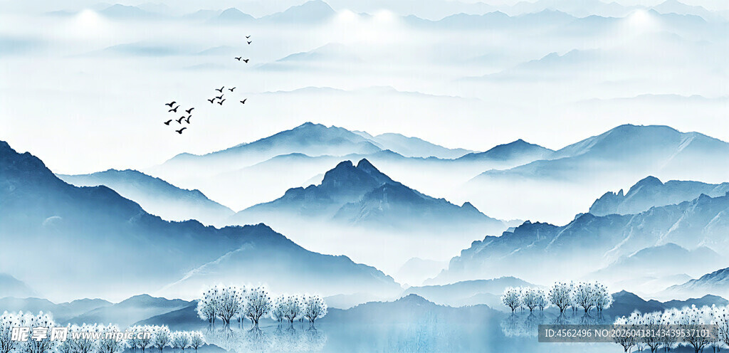 水墨山水间飞鸟伴群山