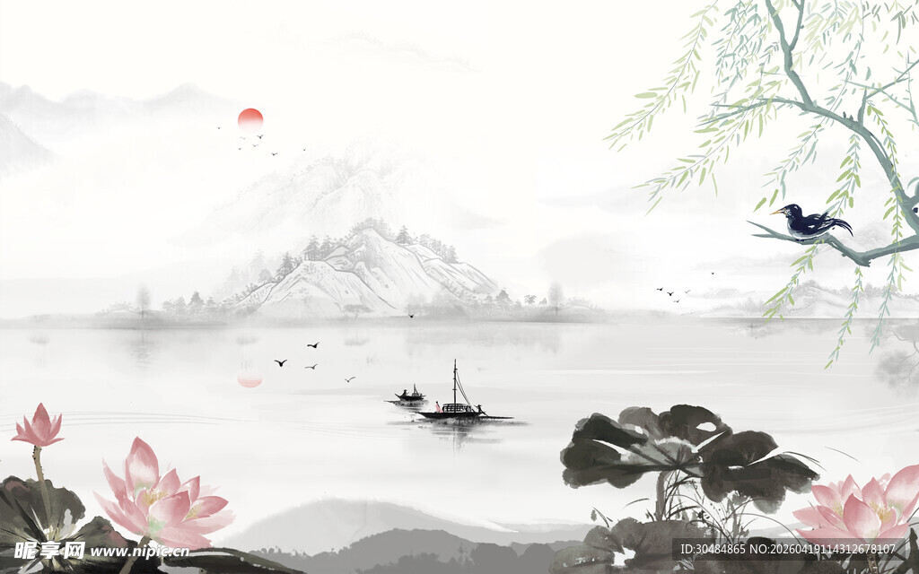 中国风荷花山水背景