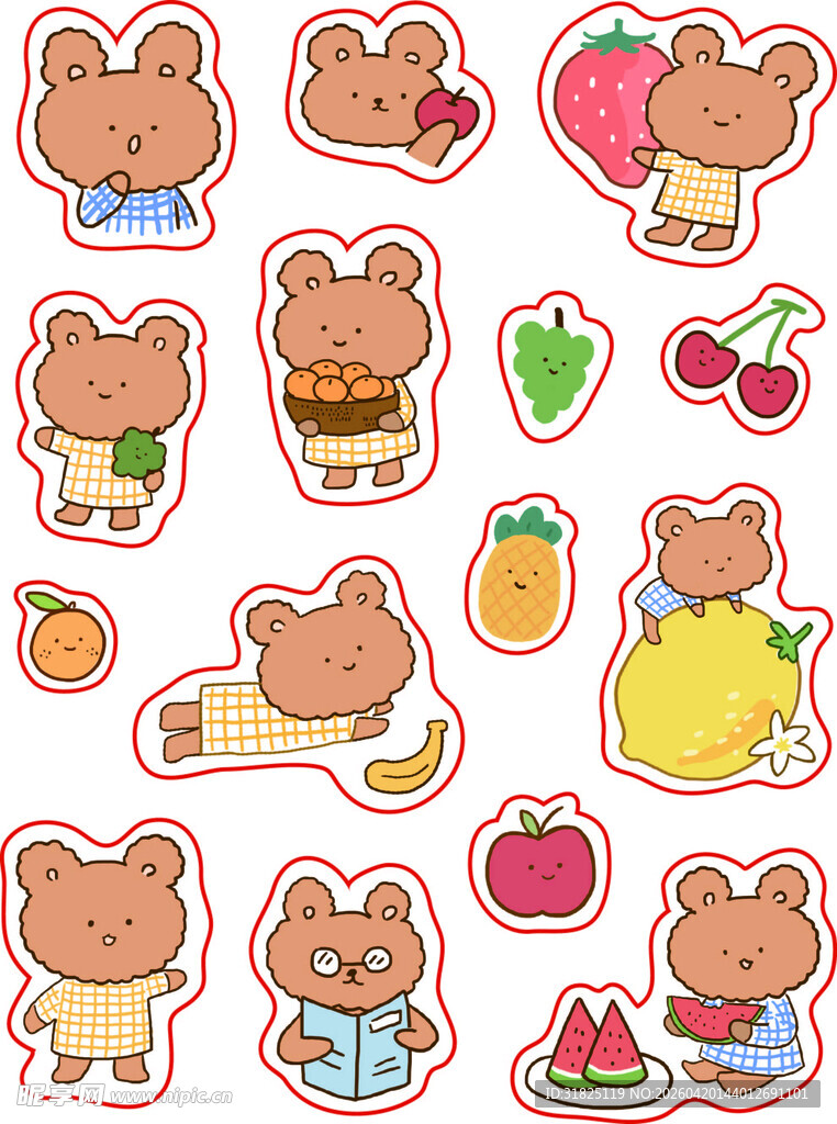 可爱小熊水果主题贴纸
