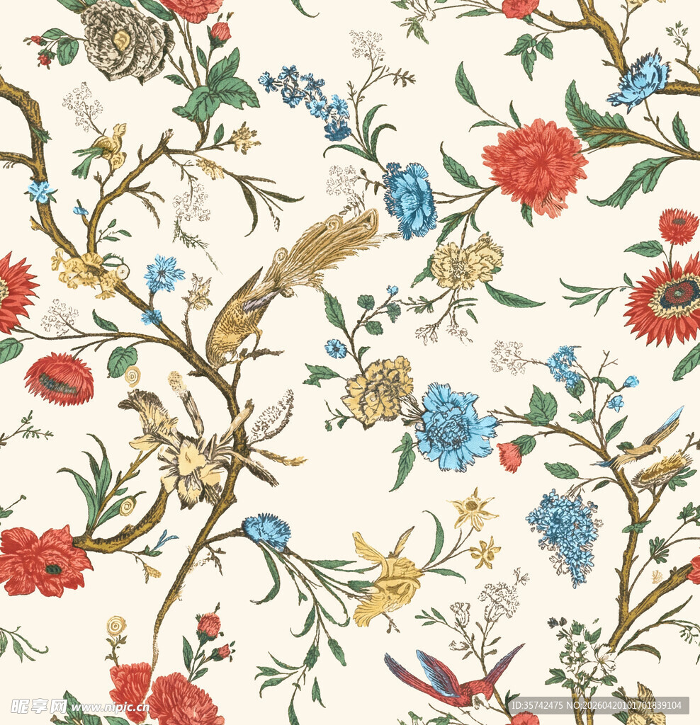 中式花鸟图案织物纹理