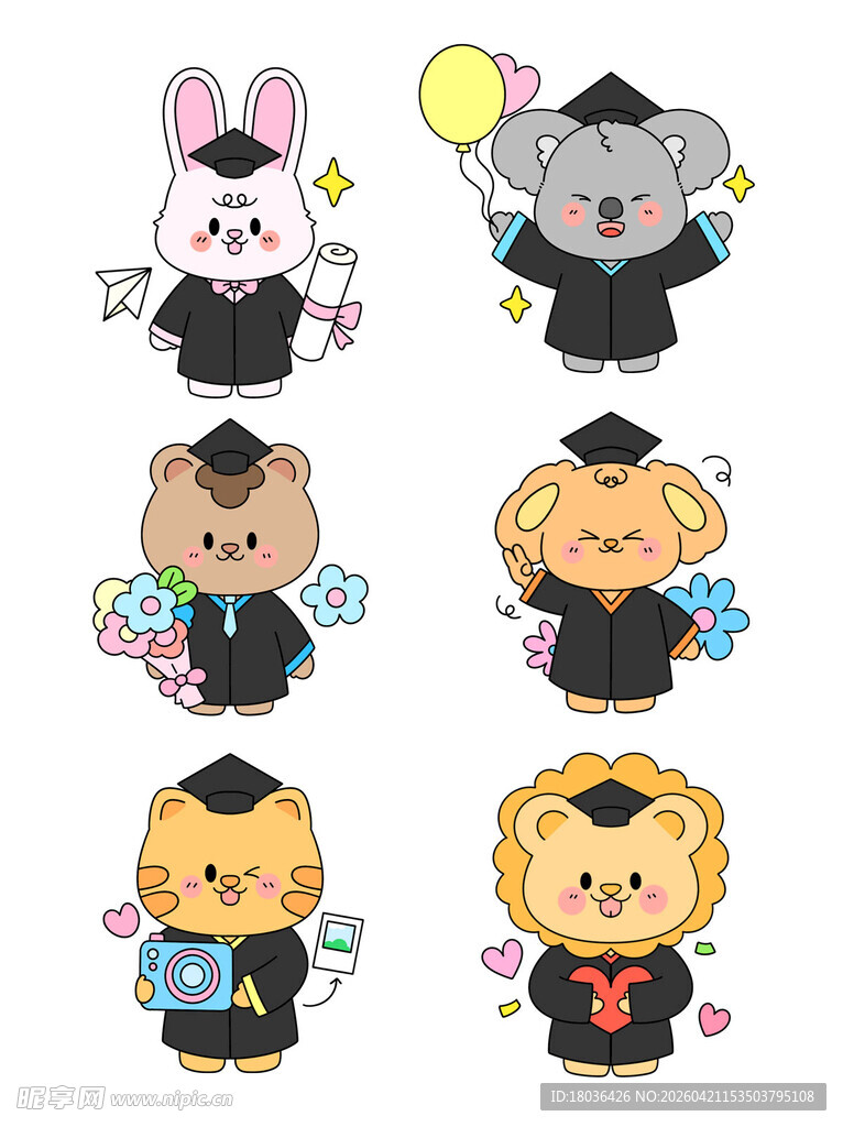 可爱动物学士形象毕业季插画