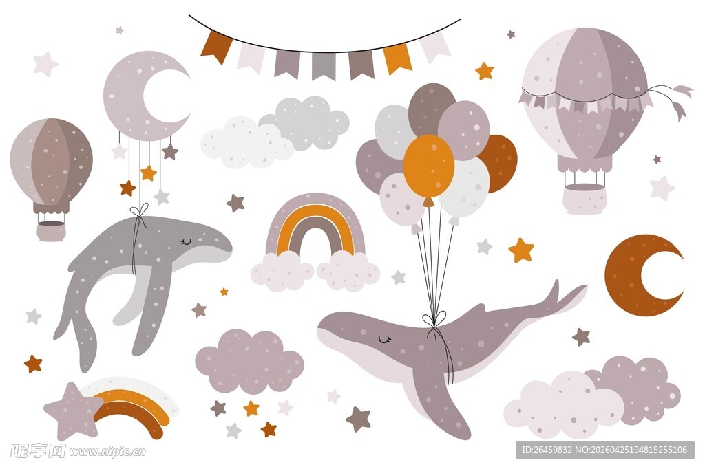 海豚气球梦幻海洋主题卡通插画