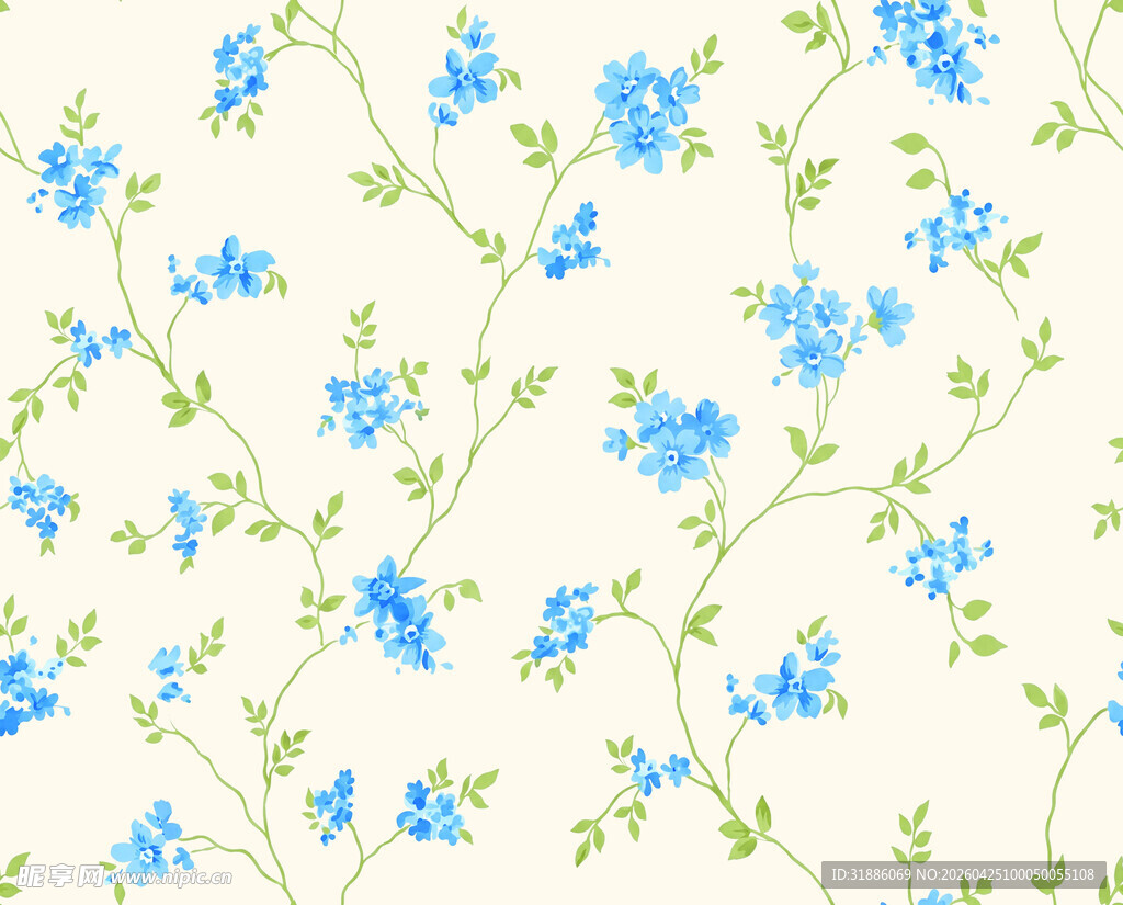 蓝花绿叶清新花卉图案