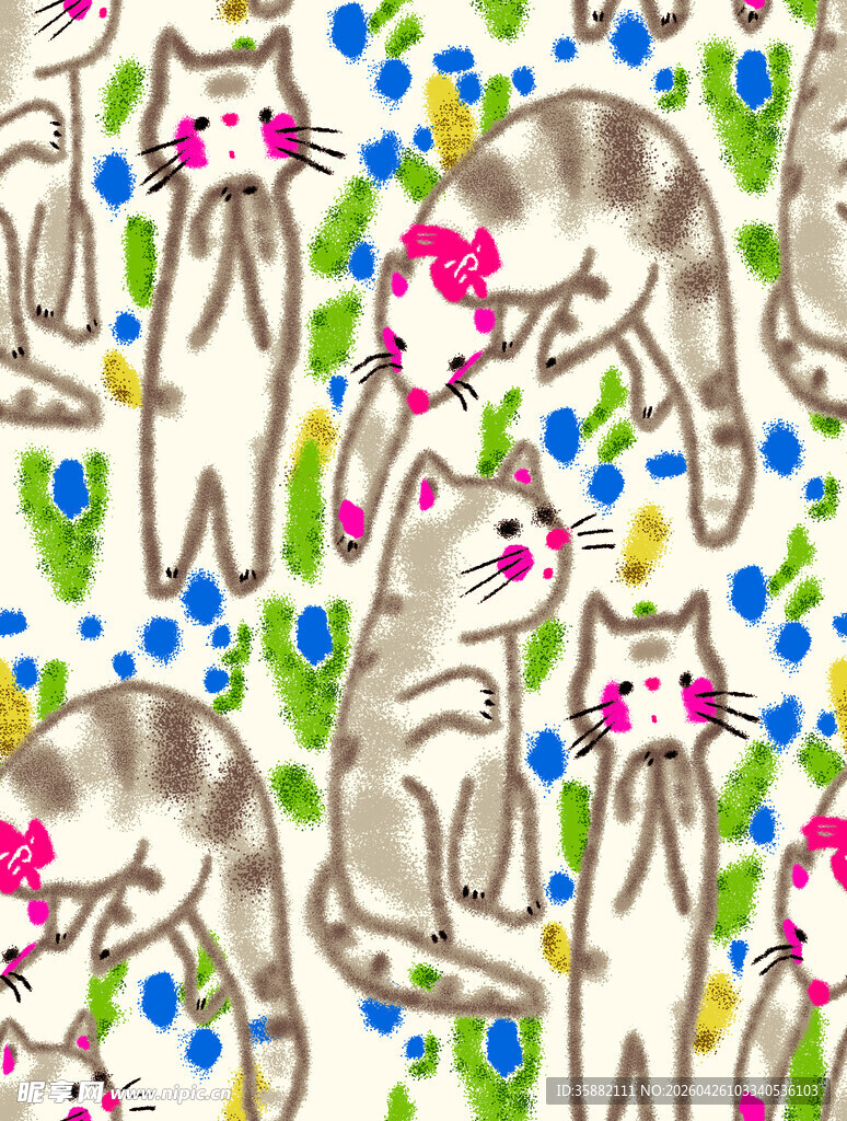猫咪花卉图案无缝背景图