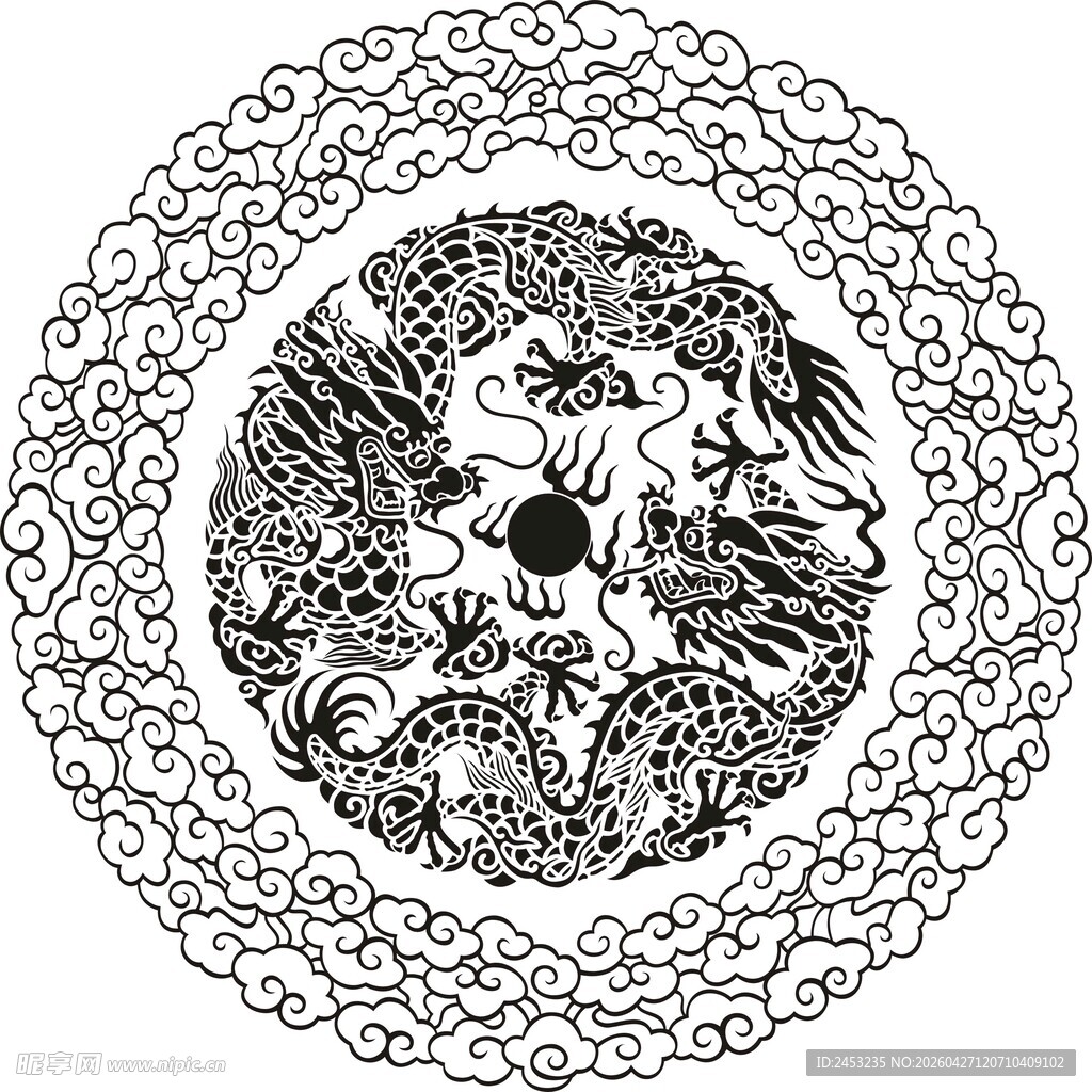 圆形黑白花鸟纹传统图案