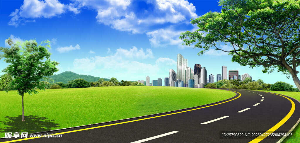 蜿蜒公路旁的城市与绿野