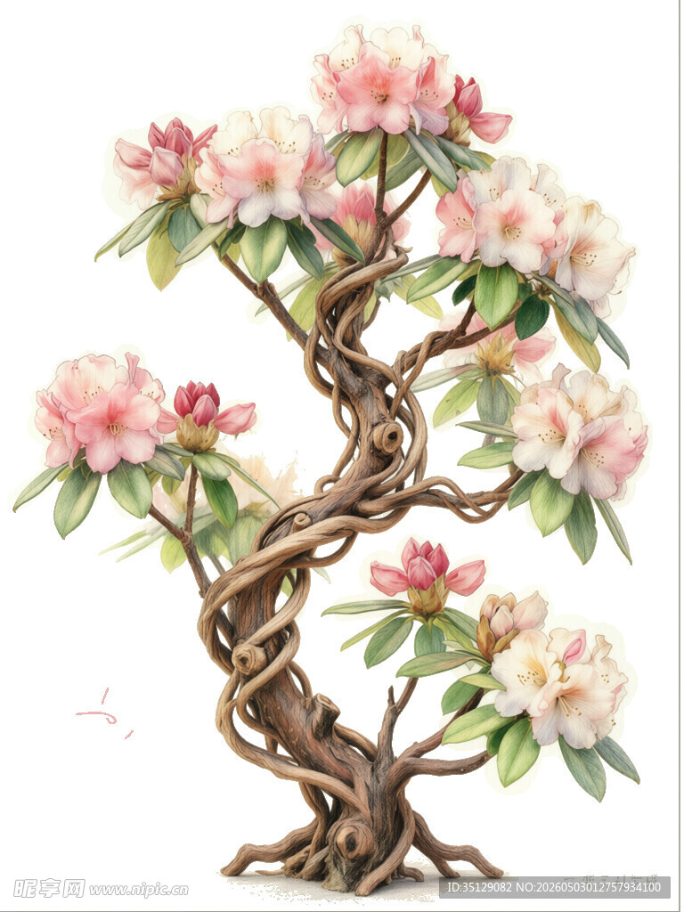 手绘杜鹃花花虬枝盆景图