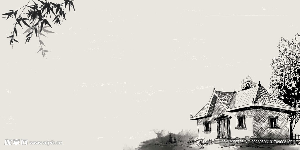 水墨风乡村小屋景致