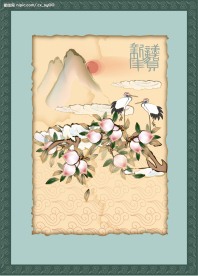 仙鹤寿桃 国画矢量图