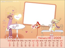 精美矢量2009情侣台历2月 日历