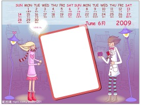 精美矢量2009情侣台历6月 日历