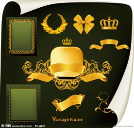 金色古典花纹 花边 边框 丝带 盾牌 皇冠 蝴蝶结