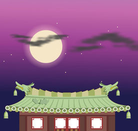 中国风游戏月色下房屋素材