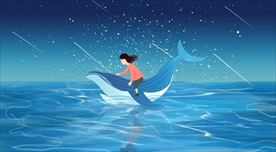 鲸鱼和女孩儿治愈系插画